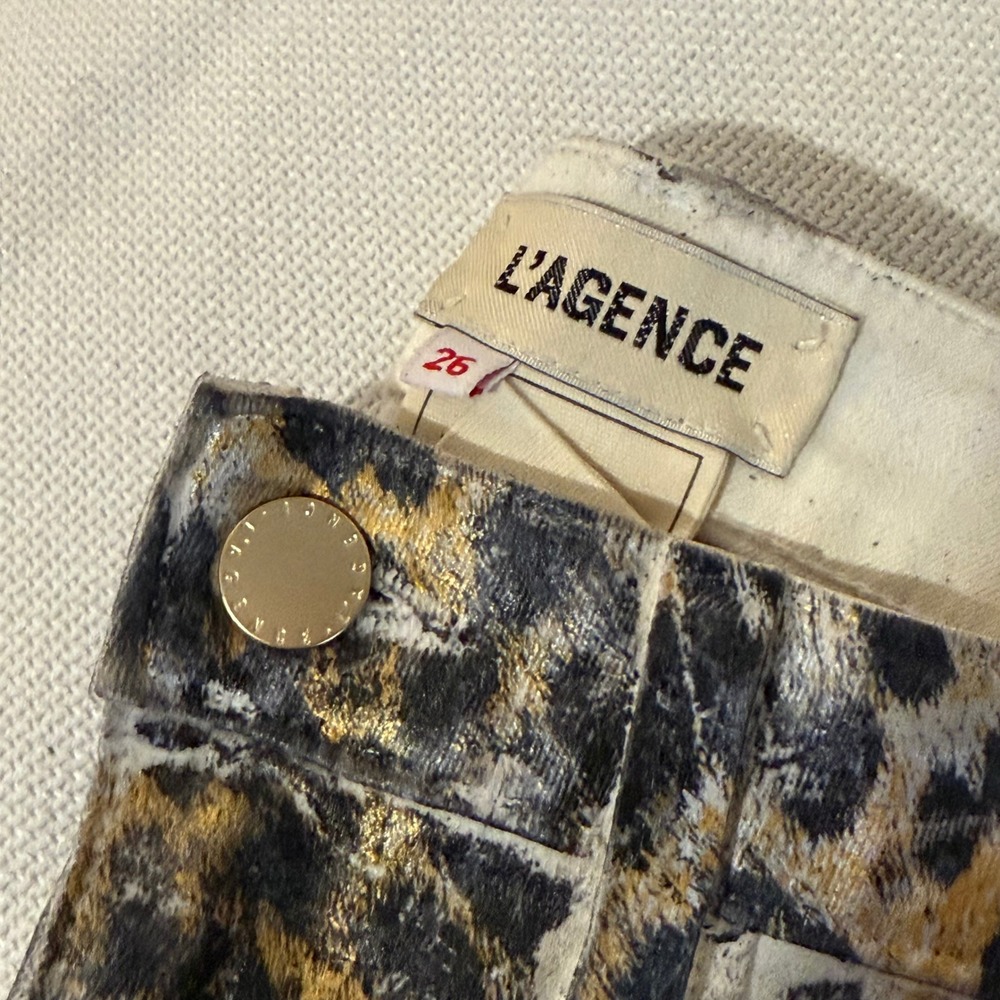 $295 L'Agence Margot Skinny High Rise Gold Leopard Foil Coated Jeans Pants Ankle - Picture 10 of 16